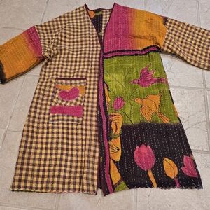 Upcycled Kantha Quilt Coat Duster L-XL Handmade Birds Tulips Checks